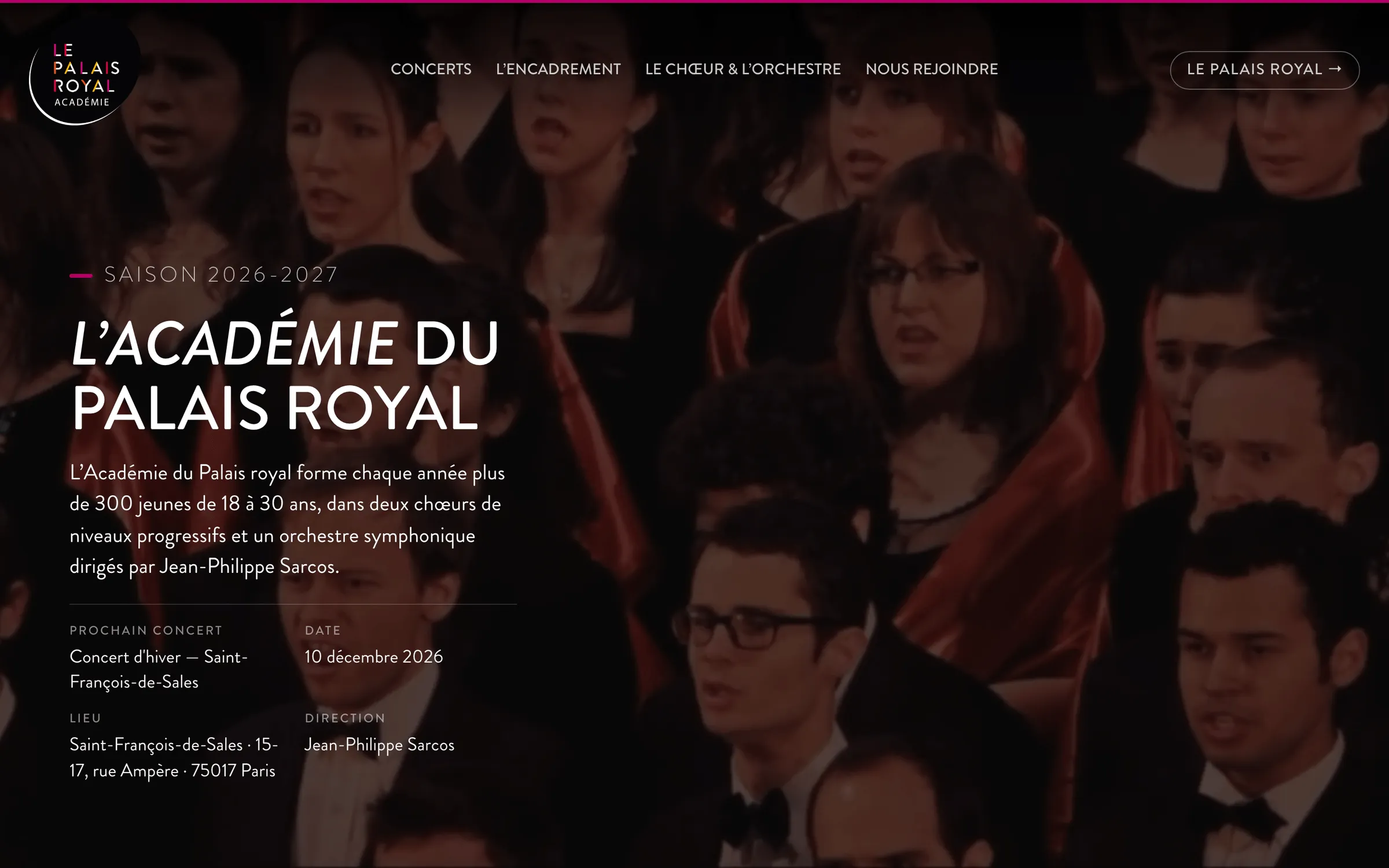 Page d'accueil de l'Académie sur ordinateur : photo du chœur en fond, titre « L'Académie du Palais royal » et prochain concert.