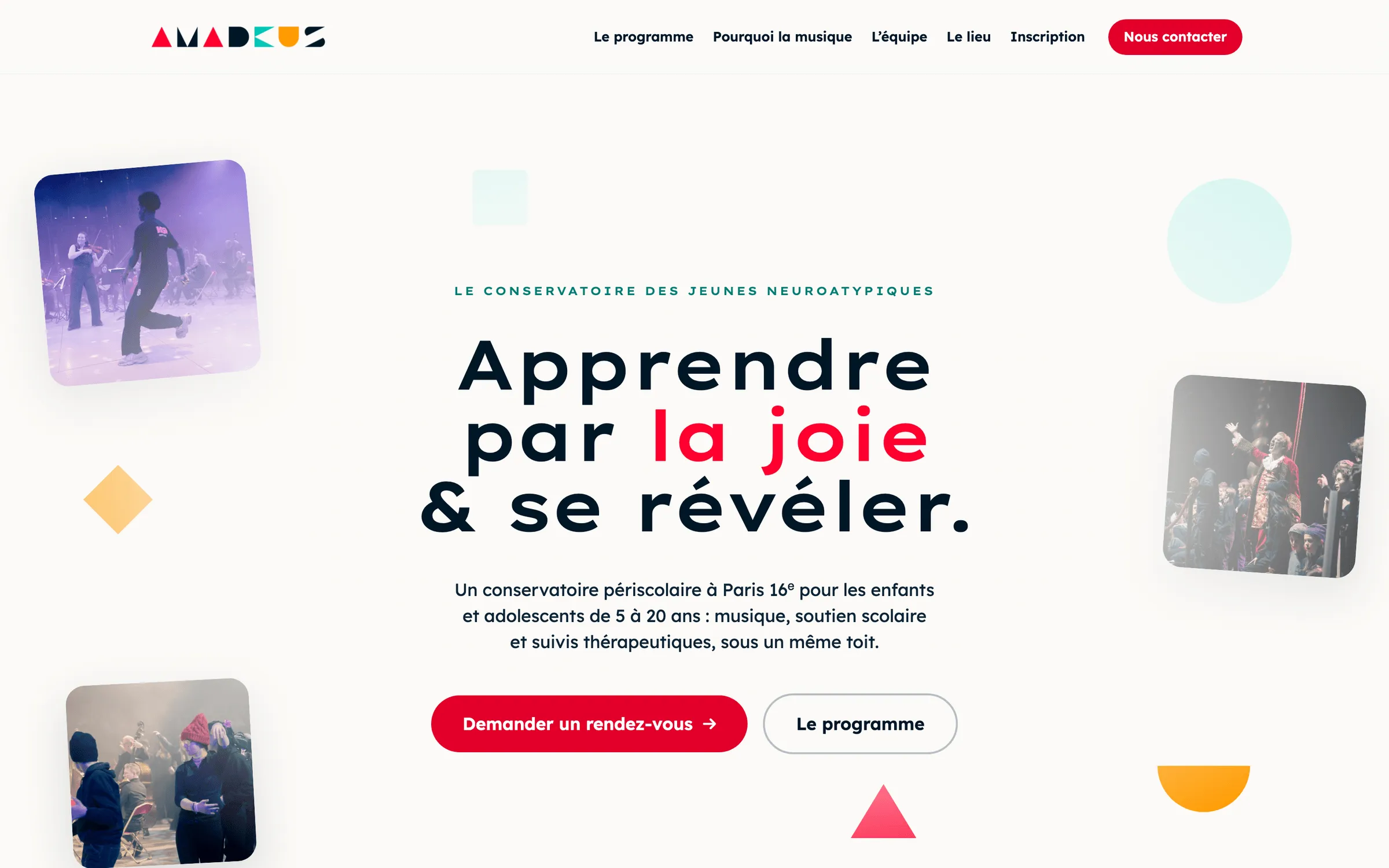 Page d'accueil d'Amadeus sur ordinateur : titre « Apprendre par la joie & se révéler », photos de concerts et formes géométriques colorées.