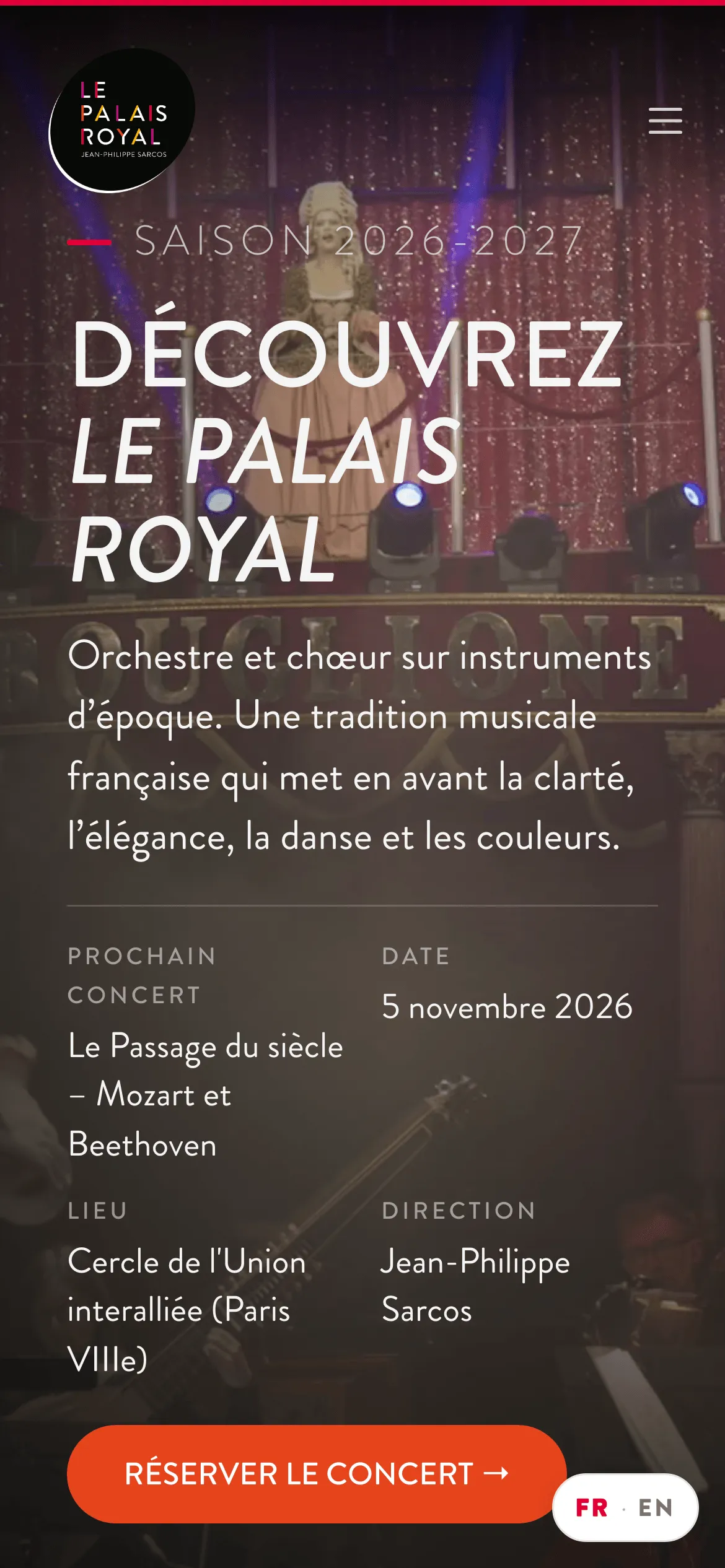 Page d'accueil du Palais royal sur mobile : titre, présentation de l'ensemble et bouton de réservation du prochain concert.