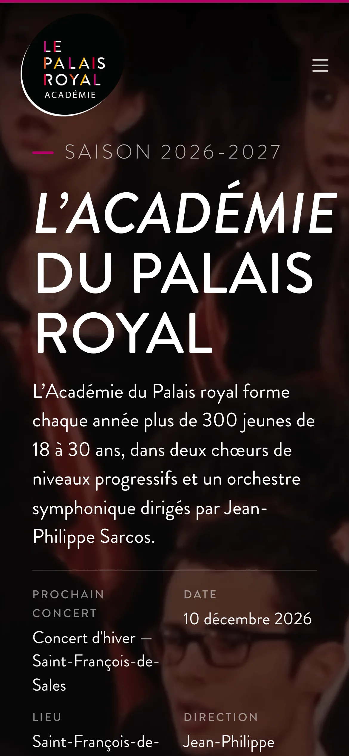 Page d'accueil de l'Académie sur mobile : titre sur photo du chœur et présentation des 300 jeunes musiciens.