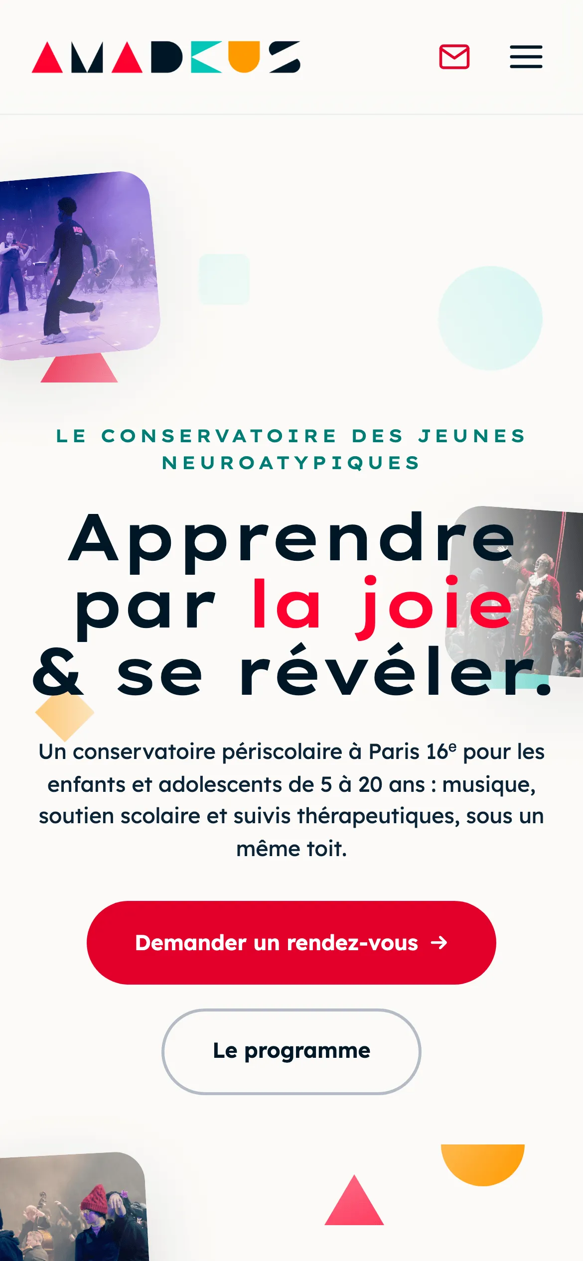 Page d'accueil d'Amadeus sur mobile : logo géométrique, titre et bouton de demande de rendez-vous.